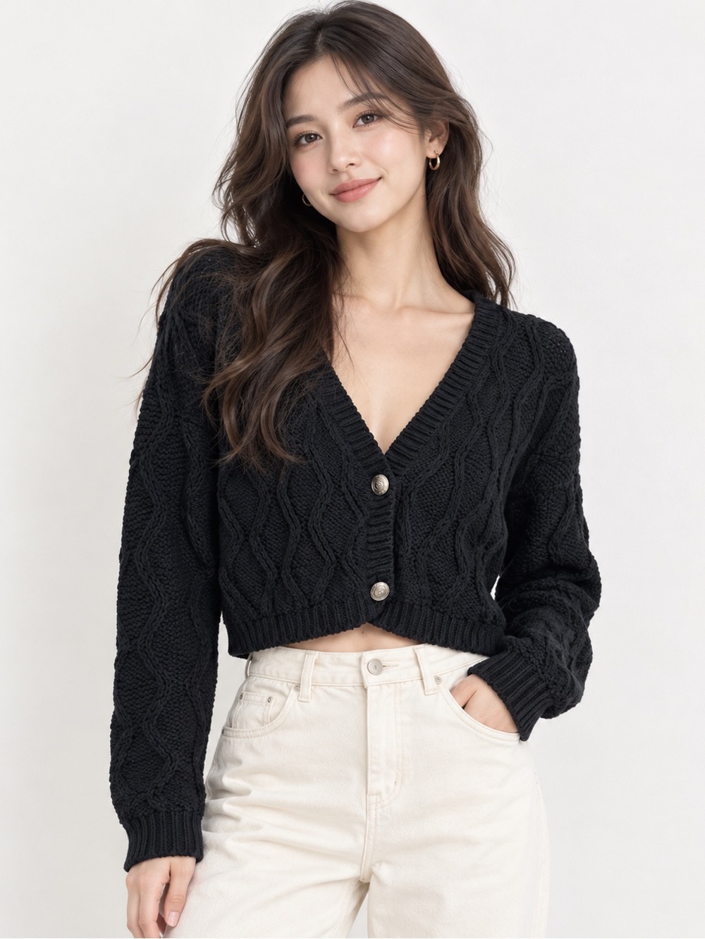 Vintage Fast Turn Black Cropped Cable Knit Cardigan Sweater Ramie Cotton Size M